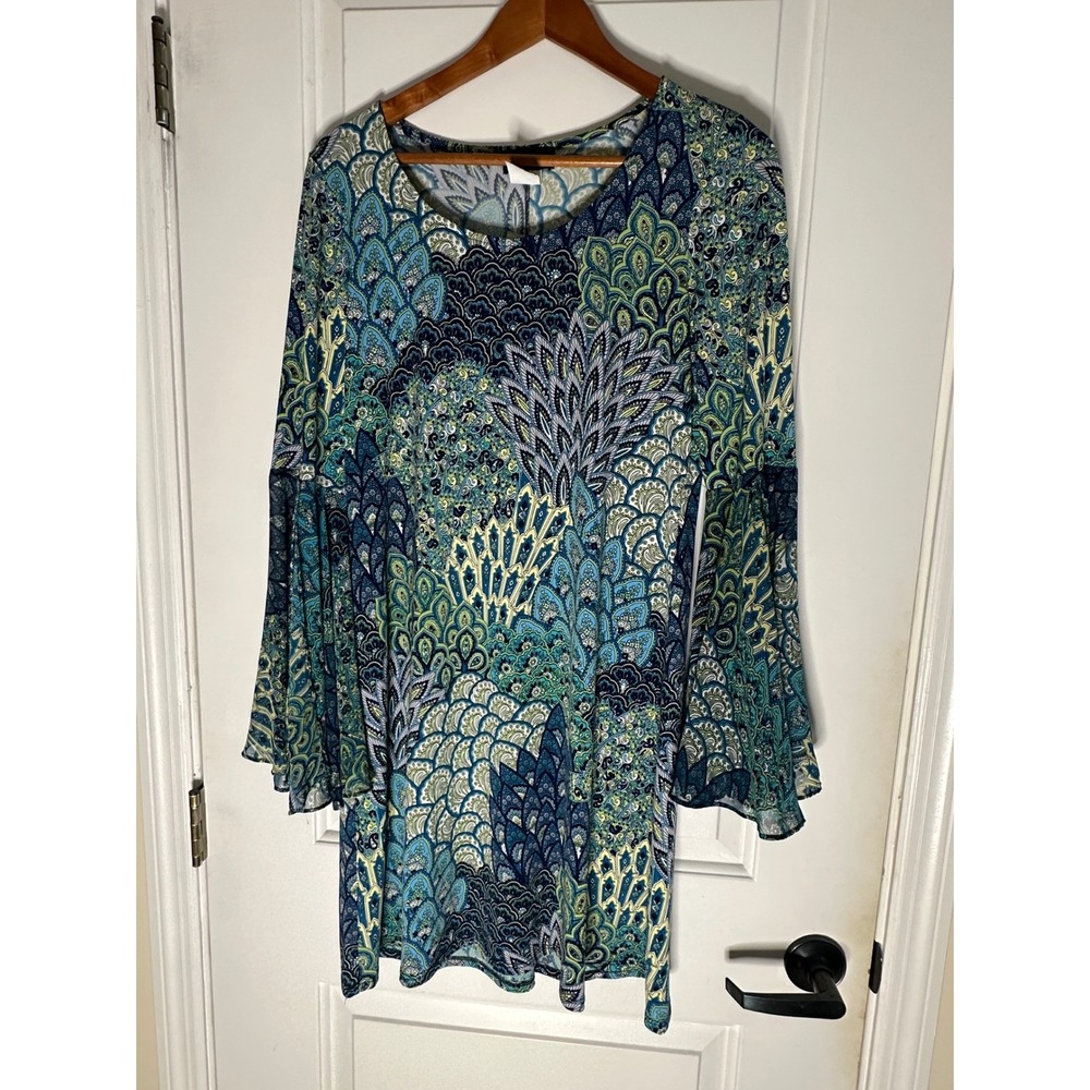 MSK Women Blue Green Paisley Peacock Print Bell Sleeve Shift Dress Size M
